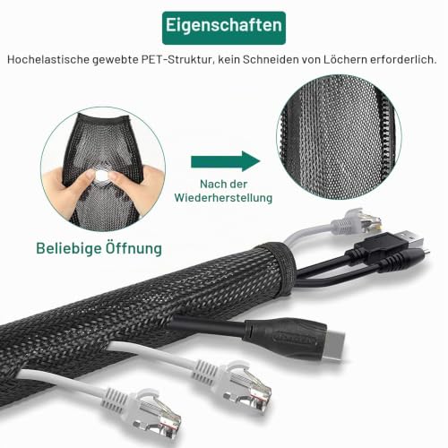 4 Kabelschläuche mit Reißverschluss, 1,5 m, Schwarz