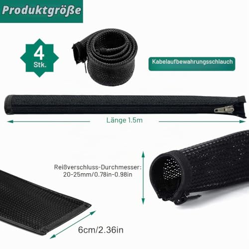 4 Kabelschläuche mit Reißverschluss, 1,5 m, Schwarz