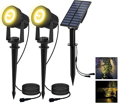 T-SUN Solar Gartenleuchte, 2 Stück Solarstrahler Solarlampen für garten, IP65 Wasserdicht LED Solarlampe mit 2 Helligkeitsstufe, 3 Meter Kabe,Auto-on/off für Bäume,Sträucher,Gartenweg(3000K Warmweiß)