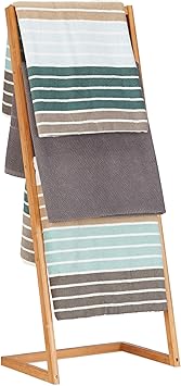 Relaxdays Handtuchhalter freistehend, Leiterregal mit 4 Handtuchstangen, Handtuchständer Bambus, HBT: 100x40x30cm, Natur