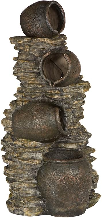 Dehner Gartenbrunnen Krüge, Outdoor-Brunnen, mit LED-Beleuchtung, solarfähig, ca. 60x46x118 cm, Polyresin, dunkelbraun/ gold
