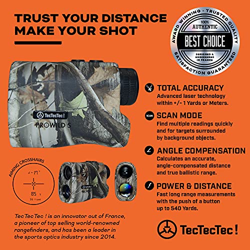 Laser Jagd Entfernungsmesser TecTecTec ProWild S 490 m | Neigungskompensation | Vibration | 6-fache Vergrößerung | wasserbeständig | Fernglas | Jagd | mit Tragetasche, Reinigungstuch und CR2-Batterie