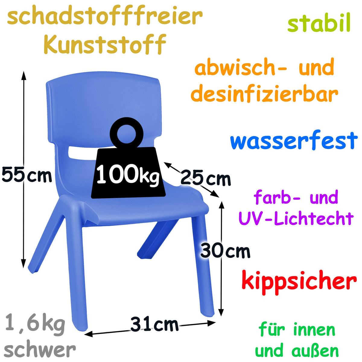 alles-meine.de GmbH 4 Stück - Kinderstühle/Stühle - Farbwahl - bunter Farb-Mix - Plastik - bis 100 kg belastbar/kippsicher - für INNEN & AUßEN - 0-99 Jahre - stapelbar - Ga..