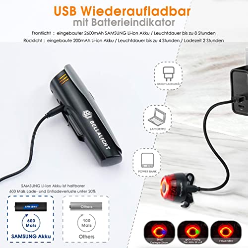 LED Fahrradlicht Set, Fahrradbeleuchtung 60 Lux 2 Modi Fahrradlichter USB Aufladbar 2600mAh Samsung Li-ion Vorne Hinten Fahrradlampe Frontlicht Rücklicht IPX5 Wasserdicht