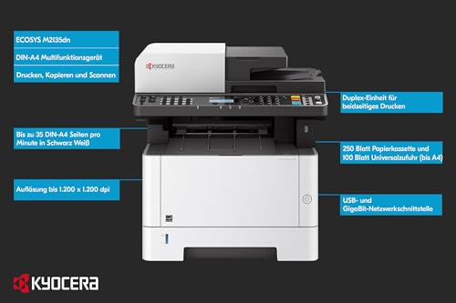 Kyocera Ecosys M2135dn Multifunktionsdrucker Schwarz Weiss. 35 Seiten pro Minute. Drucker Scanner Kopierer. Laserdrucker Multifunktionsgerät inkl. Mobile-Print-Funktion