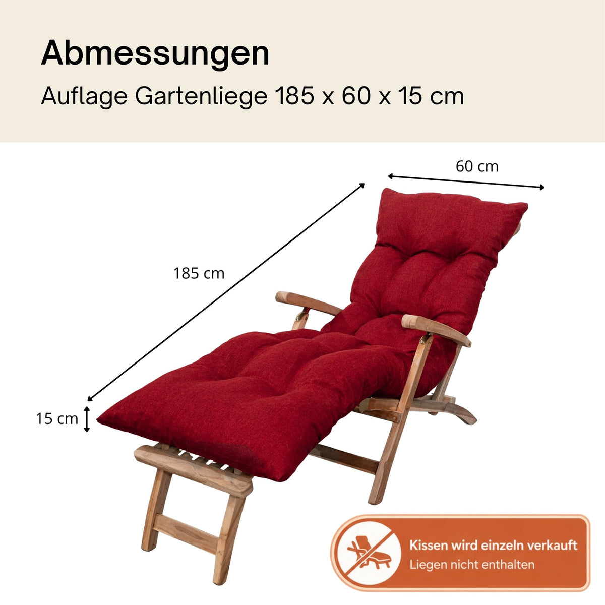 bananair - Auflage Gartenliegen Neue Verbesserte Version 2026 - Polsterauflagen Dick (15cm) & Ultra Bequem - Liegenauflage mit Klettverschluss - Made in France (185x60x15 cm, Rot)