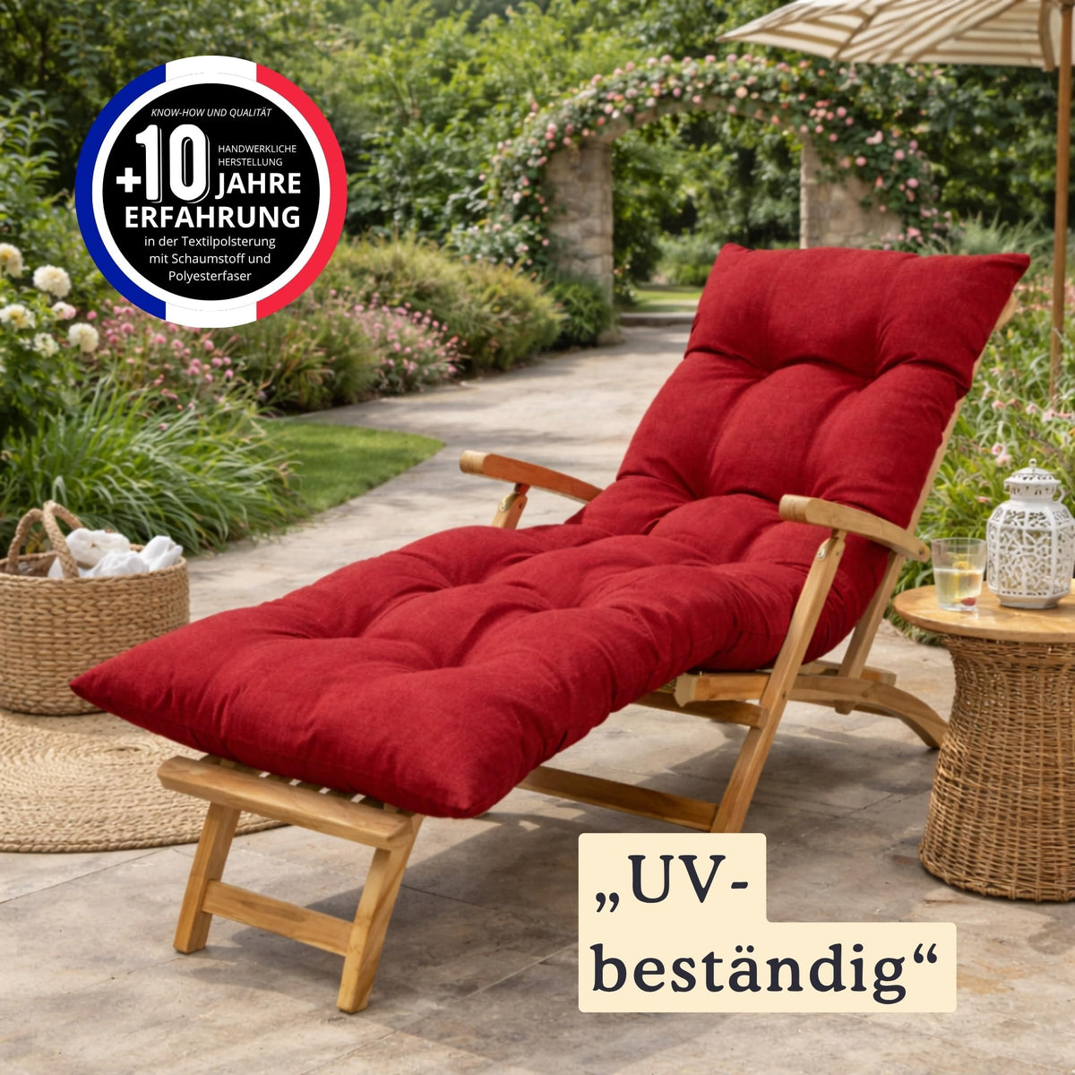 bananair - Auflage Gartenliegen Neue Verbesserte Version 2026 - Polsterauflagen Dick (15cm) & Ultra Bequem - Liegenauflage mit Klettverschluss - Made in France (185x60x15 cm, Rot)