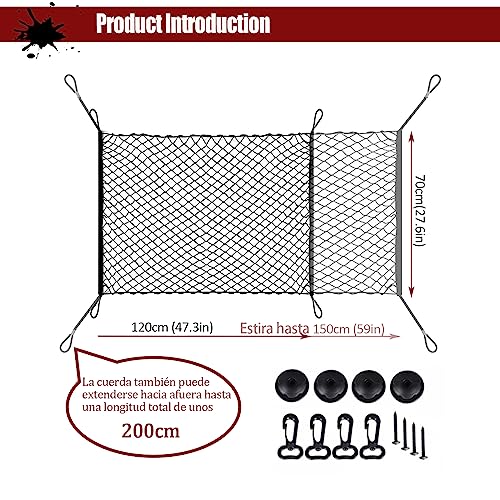 Kofferraum Gepäcknetz,Auto Kofferraumnetz Elastisch 70cm x 120cm,Nylon Fest,Aufbewahrung Netz Car Storage Lagerung Mesh Organizer,mit 4 Massiven Haken,für Universal,Meisten Arten von Fahrzeugen,Hunde