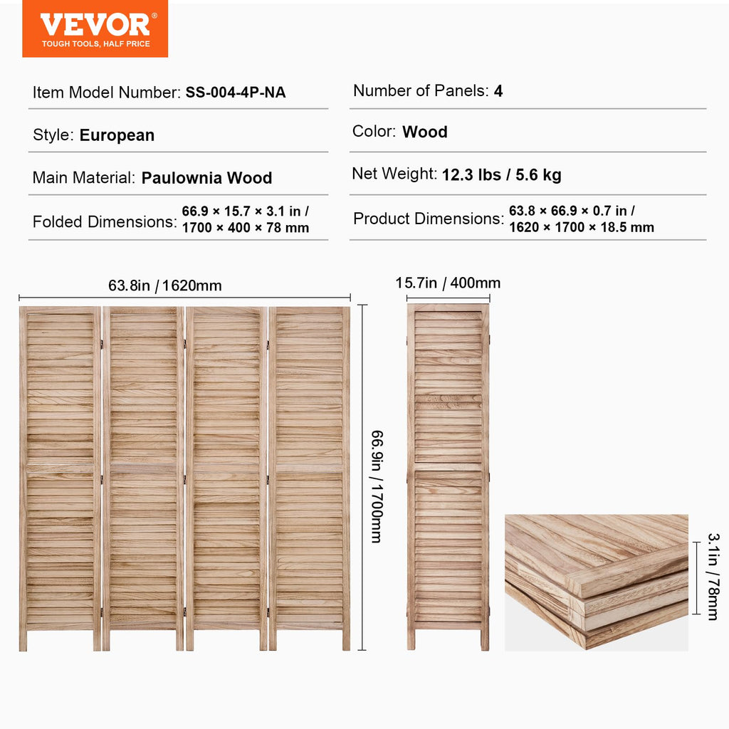 VEVOR Raumteiler Paravent aus Holz 4-teiliger Faltbarer Sichtschutz, 170 cm hoher Raumteiler, tragbarer Dekorationsschirm zur Raumtrennung mit europäischer Still für Zuhause Restaurant Schlafzimmer