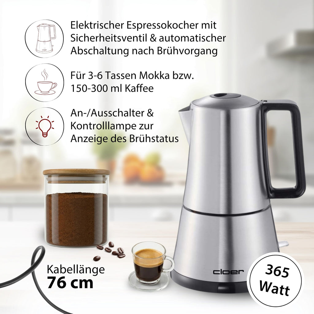 Cloer 5928 Moka Maker, "Espressokocher elektrisch", 3-6 Tassen, Edelstahleinsatz, Sicherheitsabschaltung, Sicherheitsventil, An-/Ausschalter, 365 W, Edelstahl