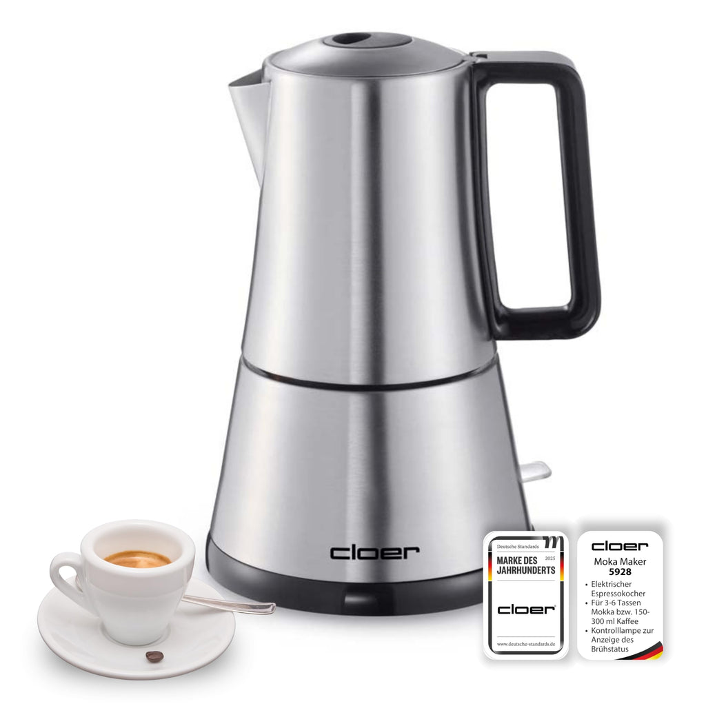 Cloer 5928 Moka Maker, "Espressokocher elektrisch", 3-6 Tassen, Edelstahleinsatz, Sicherheitsabschaltung, Sicherheitsventil, An-/Ausschalter, 365 W, Edelstahl