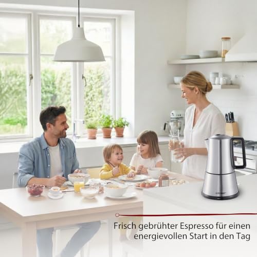 Cloer 5928 Moka Maker, "Espressokocher elektrisch", 3-6 Tassen, Edelstahleinsatz, Sicherheitsabschaltung, Sicherheitsventil, An-/Ausschalter, 365 W, Edelstahl