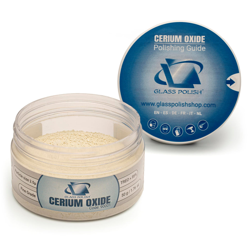 GLASS POLISH 50 g Cerium Oxide, Glaspoliermittel aus Ceroxid Grad Fein 95% rein, suspension-behandelte Formel, 2,5 Mikron Partikelgröße, Verbesserte Polierleistung