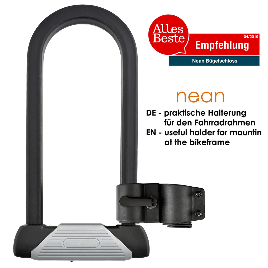 nean massives Bügel Fahrradschloss Bügelschloss mit Halterung und 2x Sicherheit Security Schlüssel, Höchste Sicherheitsstufe A, 16 x 16 mm, 330 x 167mm, schwarz