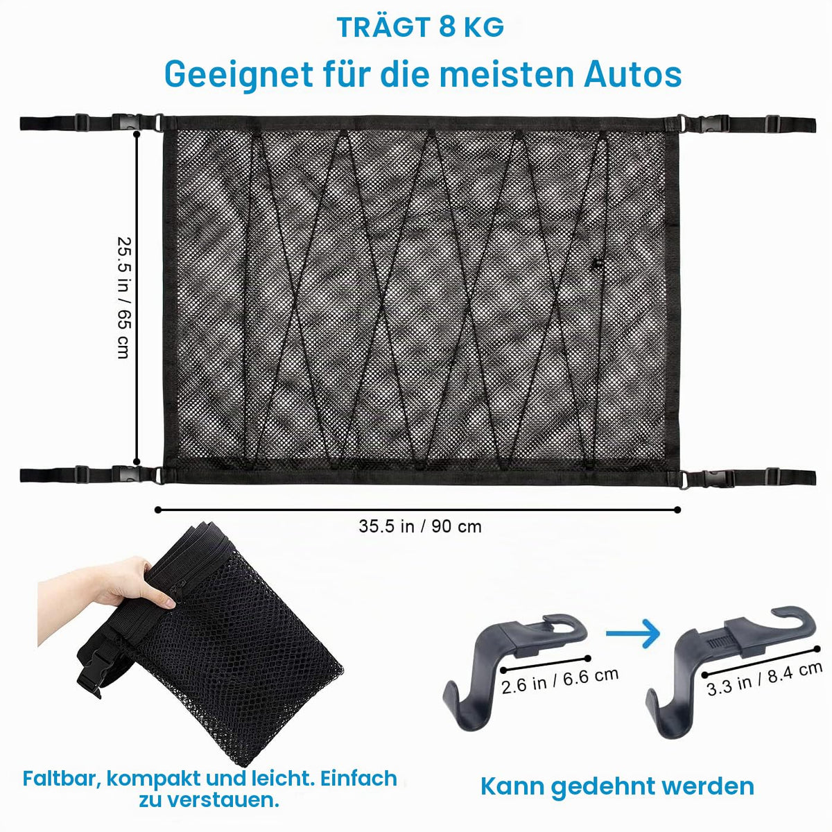 Doppelschicht Gepäcknetz Autodecke Dach,90cmx65cm Gepäcknetz Auto, Autonetz mit Kordelzug mit Rückenlehnenhaken,für die Meisten Fahrzeugtypen
