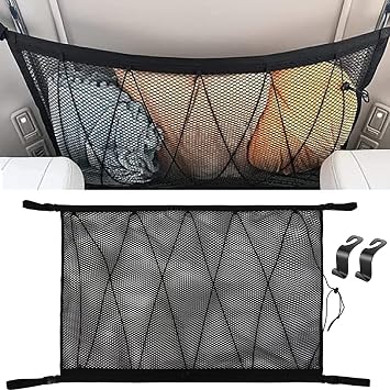 Doppelschicht Gepäcknetz Autodecke Dach,90cmx65cm Gepäcknetz Auto, Autonetz mit Kordelzug mit Rückenlehnenhaken,für die Meisten Fahrzeugtypen