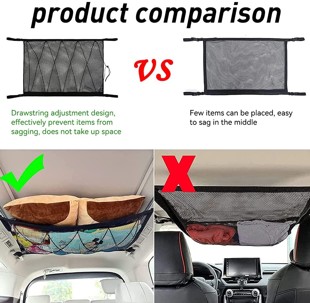 Doppelschicht Gepäcknetz Autodecke Dach,90cmx65cm Gepäcknetz Auto, Autonetz mit Kordelzug mit Rückenlehnenhaken,für die Meisten Fahrzeugtypen