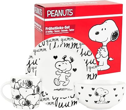 United Labels Snoopy Frühstücksset Kinder, Snoopy yumm, Geschirr Set Porzellan, 3-teilig mit Teller, Schale und Tasse, spülmaschinenfest und mikrowellengeeignet