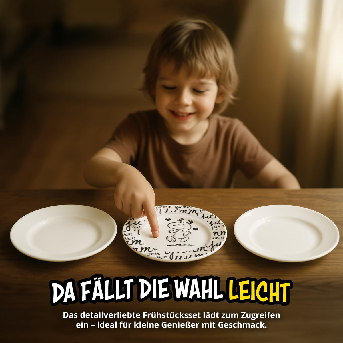 United Labels Snoopy Frühstücksset Kinder, Snoopy yumm, Geschirr Set Porzellan, 3-teilig mit Teller, Schale und Tasse, spülmaschinenfest und mikrowellengeeignet