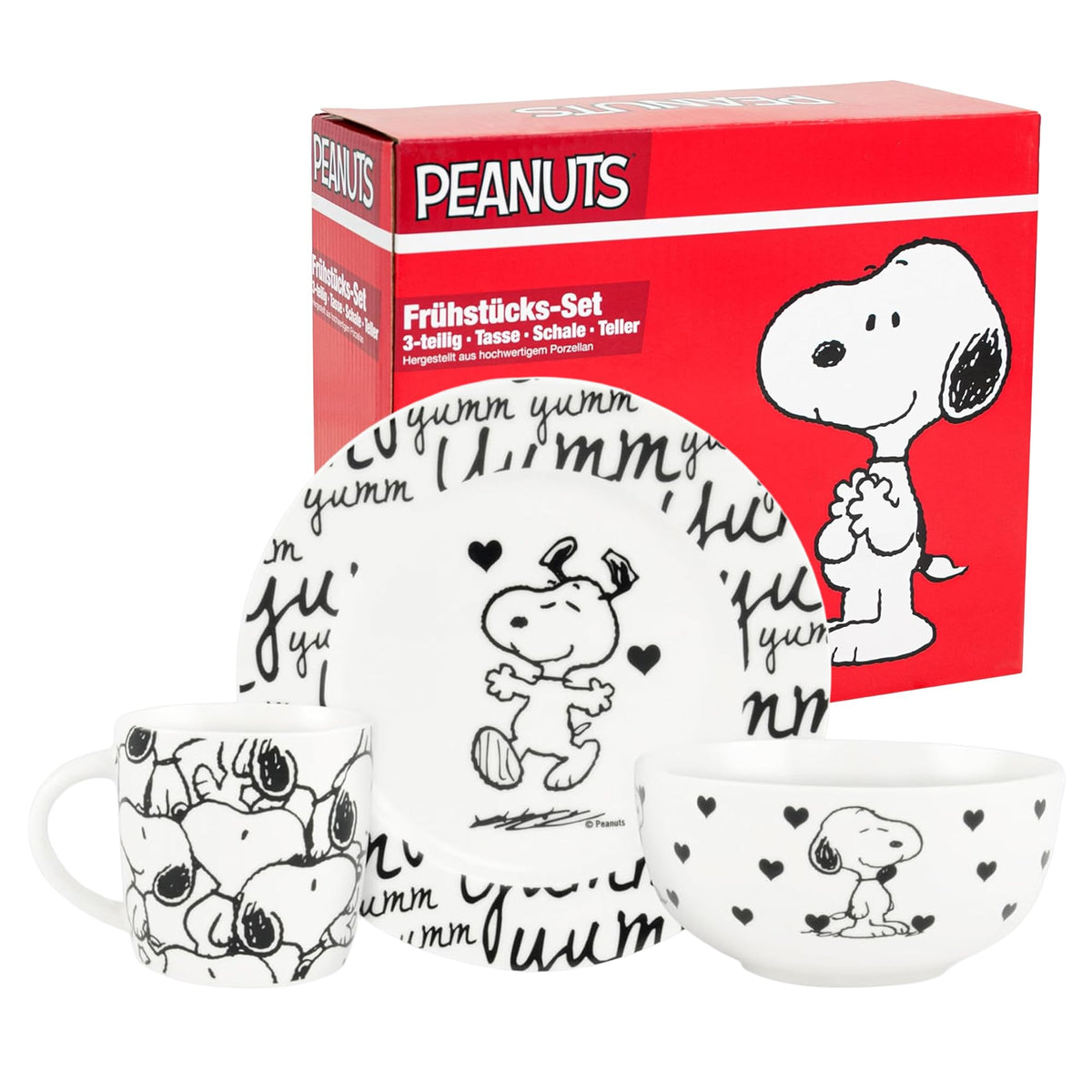 United Labels Snoopy Frühstücksset Kinder, Snoopy yumm, Geschirr Set Porzellan, 3-teilig mit Teller, Schale und Tasse, spülmaschinenfest und mikrowellengeeignet