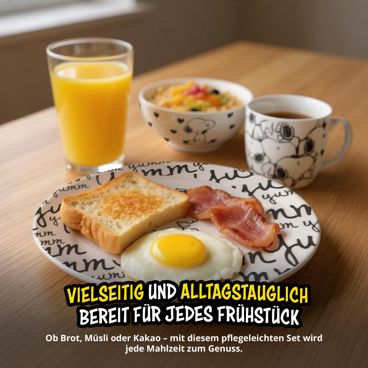 United Labels Snoopy Frühstücksset Kinder, Snoopy yumm, Geschirr Set Porzellan, 3-teilig mit Teller, Schale und Tasse, spülmaschinenfest und mikrowellengeeignet