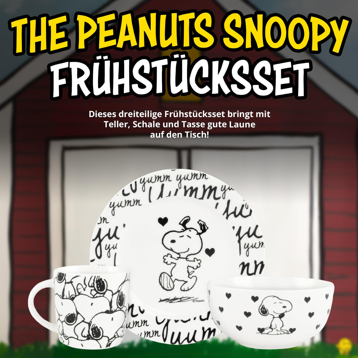 United Labels Snoopy Frühstücksset Kinder, Snoopy yumm, Geschirr Set Porzellan, 3-teilig mit Teller, Schale und Tasse, spülmaschinenfest und mikrowellengeeignet