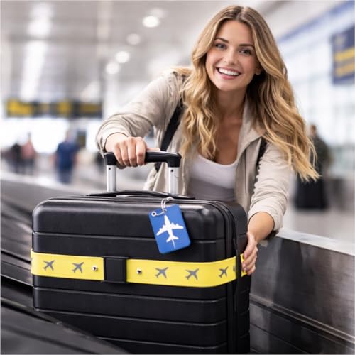 XXL Set 4X Kofferband & 4X Kofferanhänger - Koffergurt besonders auffällig - Gurtband inkl. Namensschild für Koffer & Gepäck - Luggage Strape