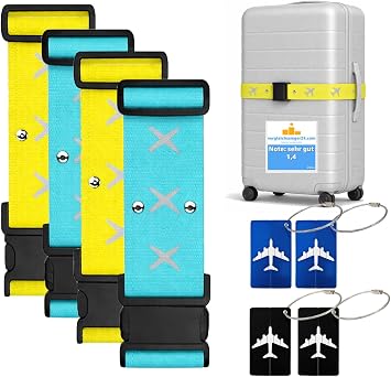 XXL Set 4X Kofferband & 4X Kofferanhänger - Koffergurt besonders auffällig - Gurtband inkl. Namensschild für Koffer & Gepäck - Luggage Strape