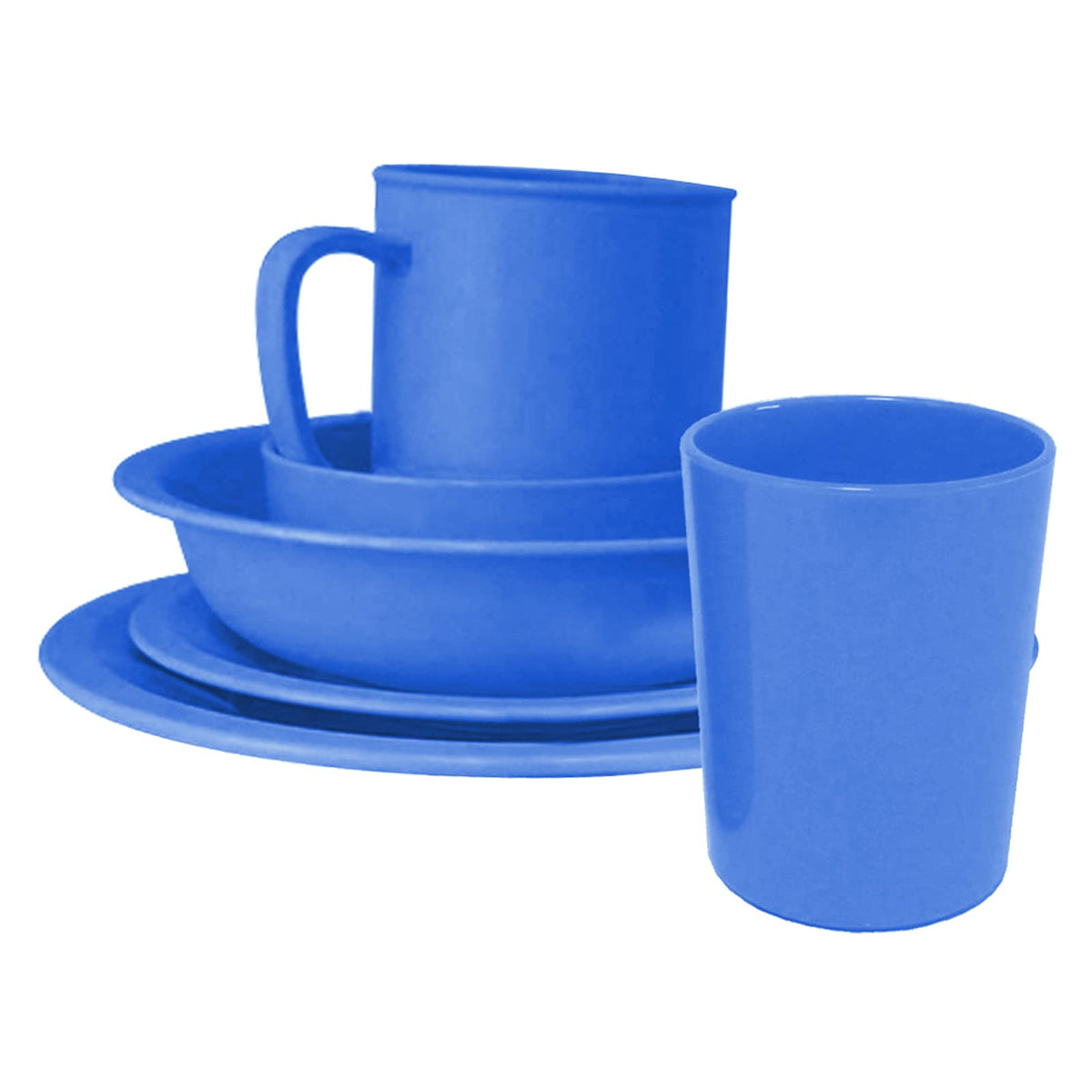 6-tlg. Geschirr-Set aus Kunststoff in Blau, wiederverwendbar, Tasse, Becher, Teller flach, Teller tief, Dessertteller, Kompottschale, Service, Gedeck, Kindergedeck, Kindergeschirr