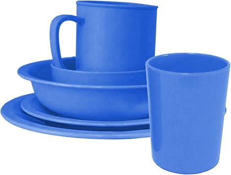 6-tlg. Geschirr-Set aus Kunststoff in Blau, wiederverwendbar, Tasse, Becher, Teller flach, Teller tief, Dessertteller, Kompottschale, Service, Gedeck, Kindergedeck, Kindergeschirr
