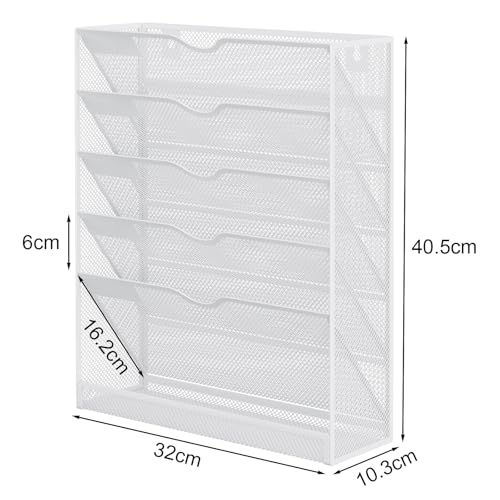 EasyPAG 6 Fächer Metall A4 Zeitschriftenhalter Wand Zeitschriften Wandhalter Aktenablage Dokumentenhalter Hängend Magazin Organizer Flyerständer Prospektspender,Weiß