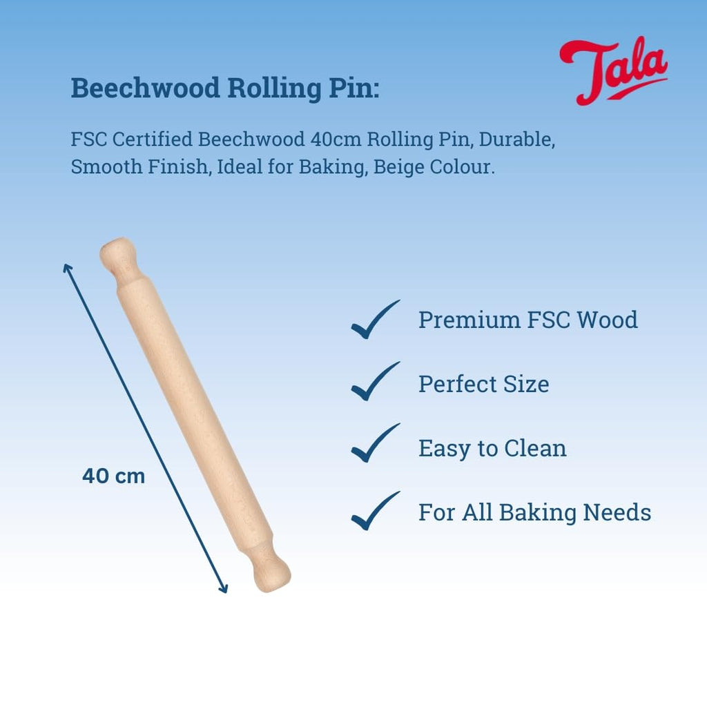 Tala Nudelholz 40 x 4 cm, FSC Buchenholz Teigroller für Patisserie