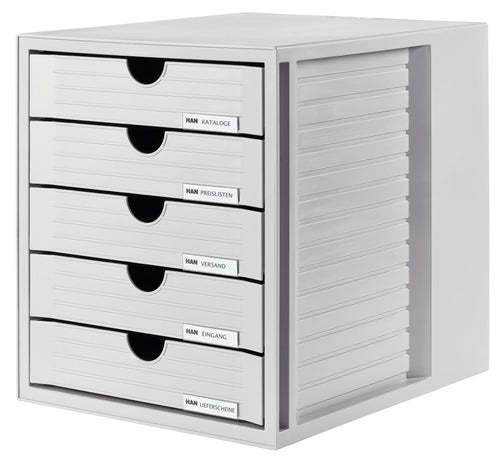 HAN Schubladenbox SYSTEMBOX mit 5 geschlossenen Schubladen für Unterlagen bis DIN C4, Schreibtisch oder im Schrank, inkl. Auszugsperre + Beschriftungsclip, möbelschonende Gummifüße, 1450-11, lichtgrau