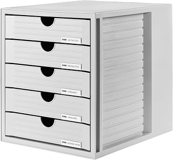 HAN Schubladenbox SYSTEMBOX mit 5 geschlossenen Schubladen für Unterlagen bis DIN C4, Schreibtisch oder im Schrank, inkl. Auszugsperre + Beschriftungsclip, möbelschonende Gummifüße, 1450-11, lichtgrau
