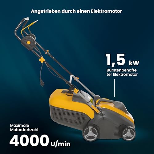 STIGA SV 415 E Elektrischer Vertikutierer, 1500 W, 38 cm – 20 Messer/44 Federzinken, 50 L Fangkorb – Für Rasenflächen, Gelb