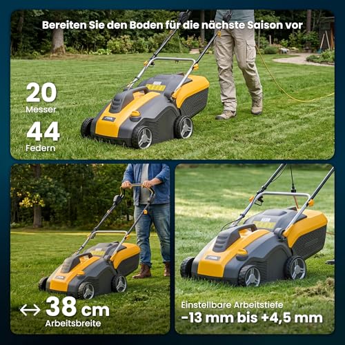 STIGA SV 415 E Elektrischer Vertikutierer, 1500 W, 38 cm – 20 Messer/44 Federzinken, 50 L Fangkorb – Für Rasenflächen, Gelb