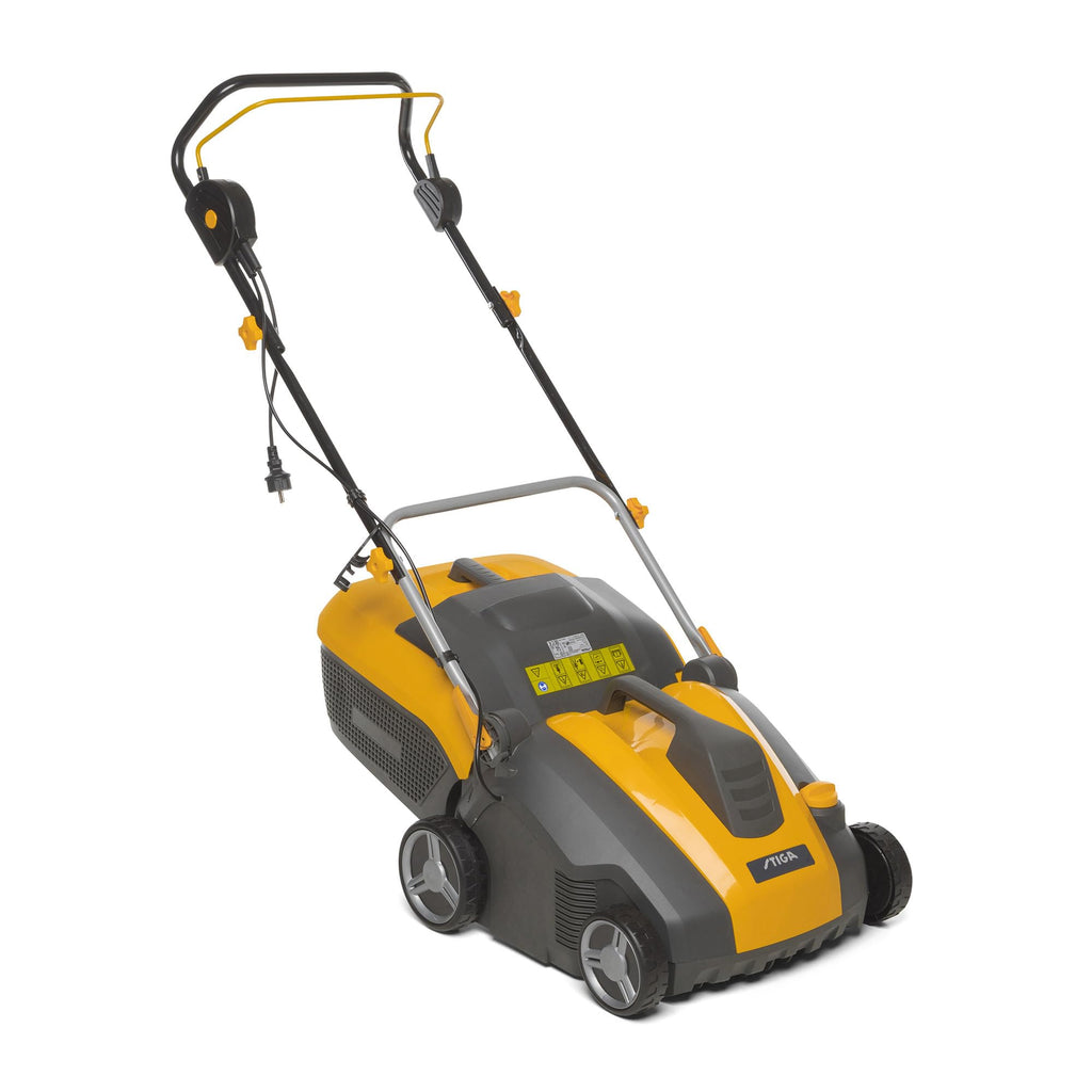 STIGA SV 415 E Elektrischer Vertikutierer, 1500 W, 38 cm – 20 Messer/44 Federzinken, 50 L Fangkorb – Für Rasenflächen, Gelb