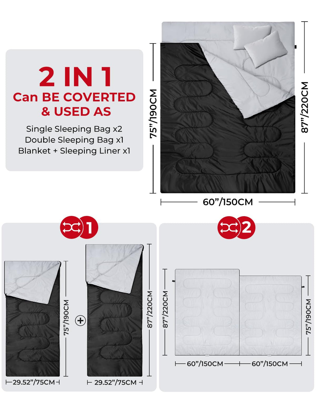 Ohuhu Doppelschlafsack, Schlafsack 2 Personen 220x150cm mit 2 Kissen