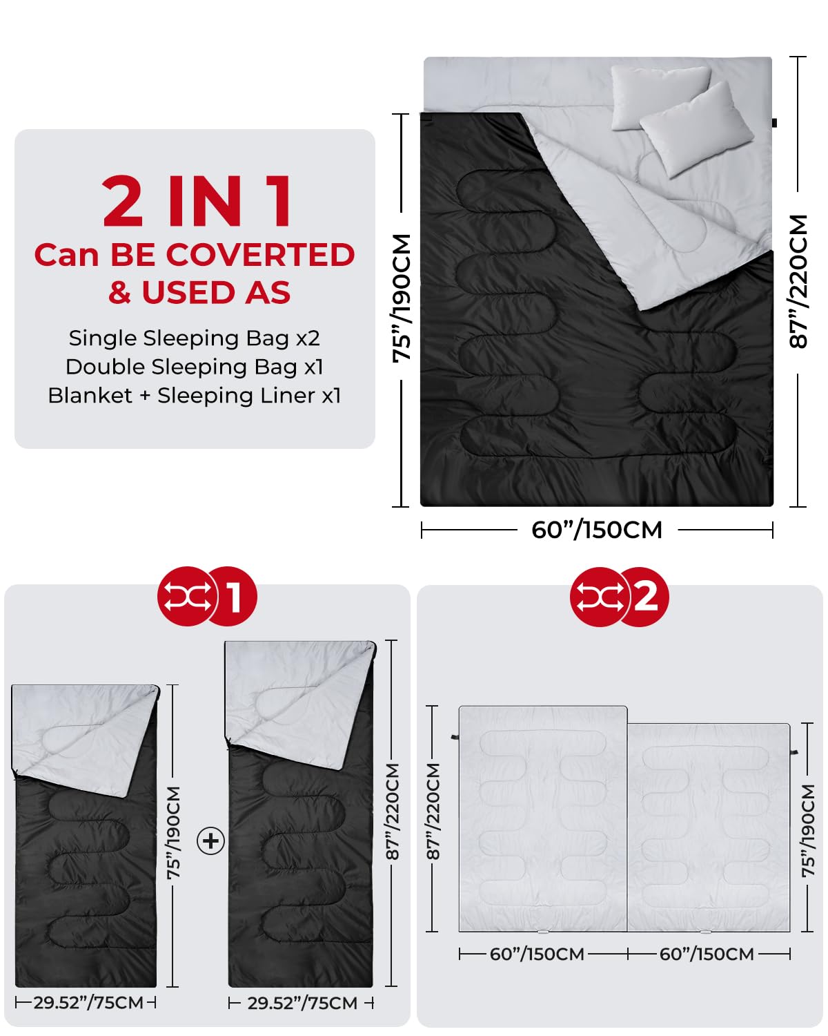 Ohuhu Doppelschlafsack, Schlafsack 2 Personen 220x150cm mit 2 Kissen