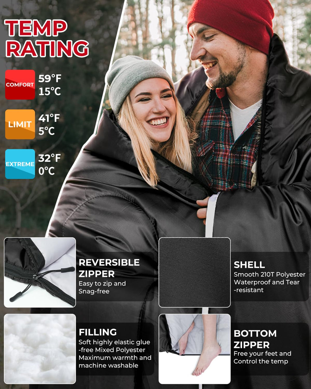 Ohuhu Doppelschlafsack, Schlafsack 2 Personen 220x150cm mit 2 Kissen