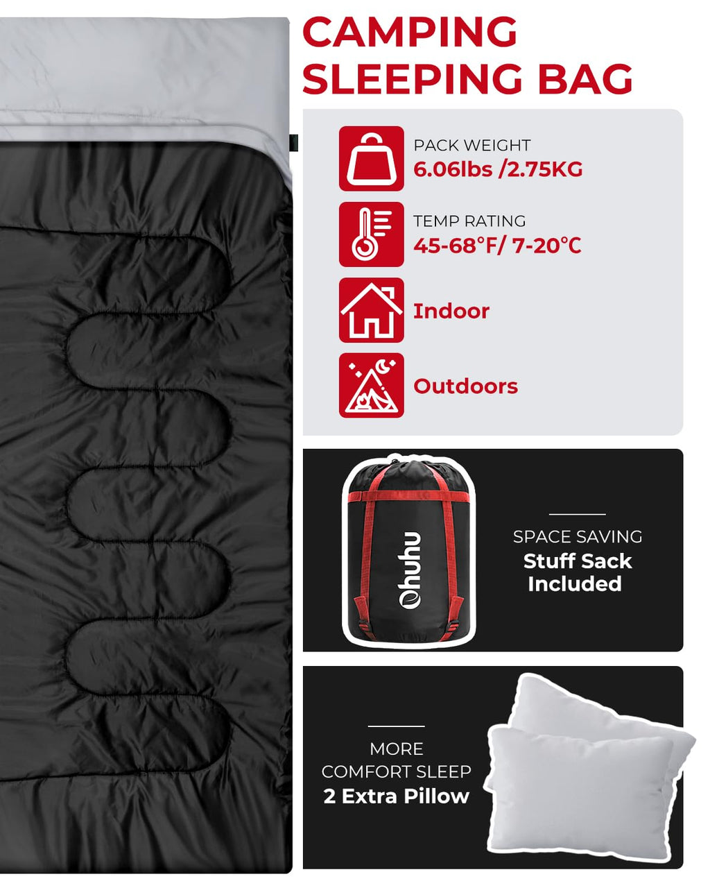 Ohuhu Doppelschlafsack, Schlafsack 2 Personen 220x150cm mit 2 Kissen