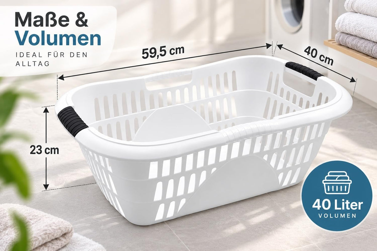HRB Wäschekorb Plastik weiß, 40L, 59,5 x 40 x 23 cm