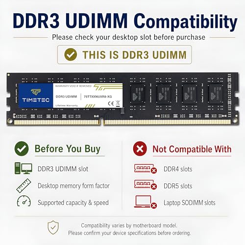 Timetec 8 GB DDR3L / DDR3L-1600 PC3L-12800 / PC3-12800 (PC3-12800U) Nicht-ECC ungepuffert 1,35 V / 1,5 V CL11 2Rx8 Dual Rank 240 Pin UDIMM Desktop-PC-Computerspeicher RAM Modul Upgrade (8 GB)
