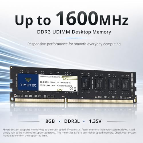 Timetec 8 GB DDR3L / DDR3L-1600 PC3L-12800 / PC3-12800 (PC3-12800U) Nicht-ECC ungepuffert 1,35 V / 1,5 V CL11 2Rx8 Dual Rank 240 Pin UDIMM Desktop-PC-Computerspeicher RAM Modul Upgrade (8 GB)