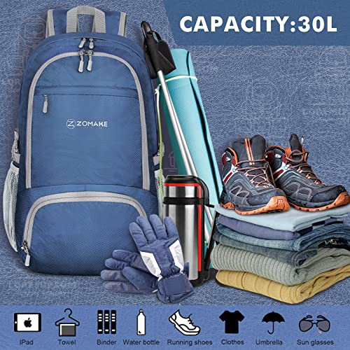 ZOMAKE Leicht Faltbarer Rucksack Packbare Backpacks 30 L,Kleiner Faltbar Wanderrucksack Wasserdicht für Damen Herren Outdoor Wandern (Marineblau)