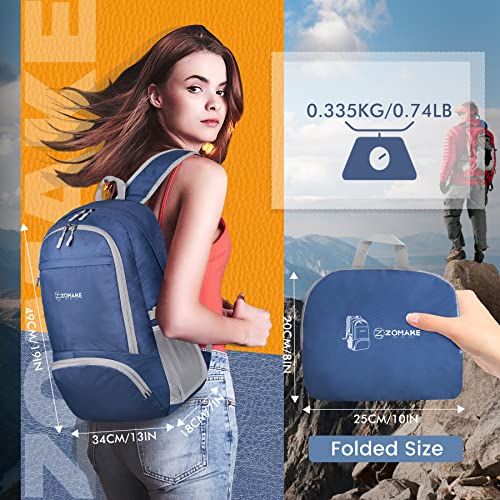 ZOMAKE Leicht Faltbarer Rucksack Packbare Backpacks 30 L,Kleiner Faltbar Wanderrucksack Wasserdicht für Damen Herren Outdoor Wandern (Marineblau)
