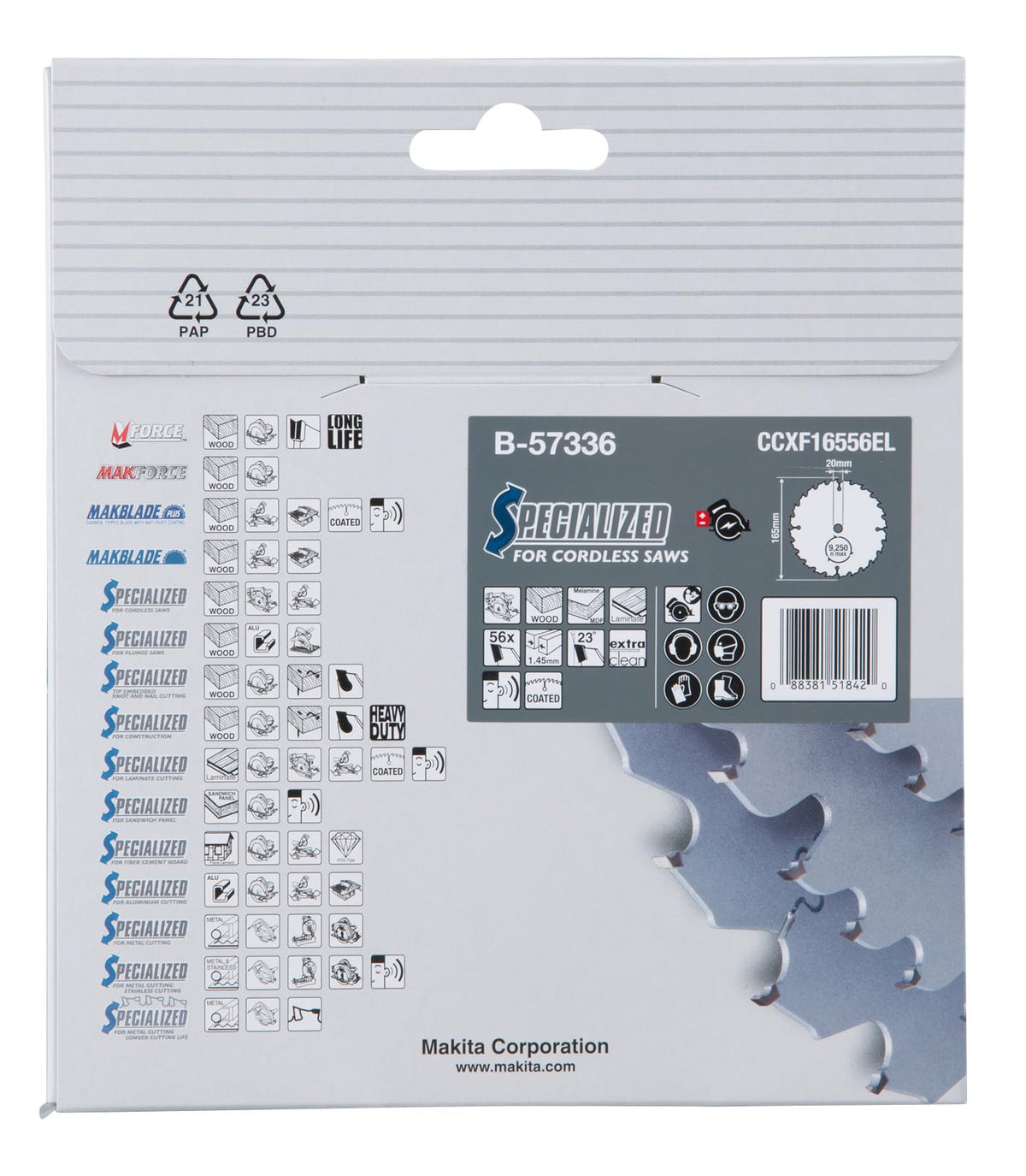 Makita B-57336 EFFICUT Kreissägeblatt Ø 165 x 1,45 x 20 mm, 56 Zähne, 23° Zahnwinkel, sehr saubere und schnelle Schnitte in Holz, MDF, Laminat, für Akku-Handkreissägen