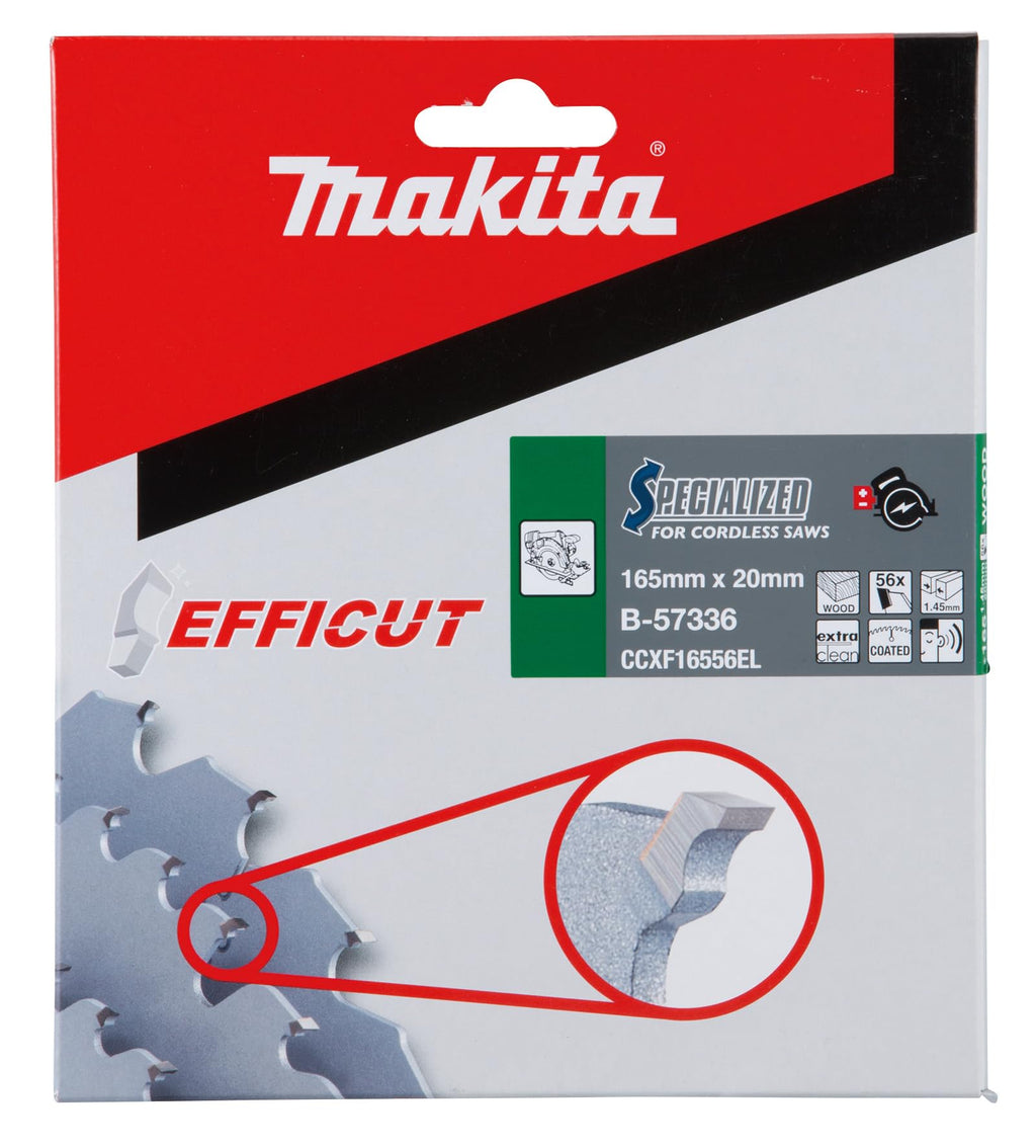 Makita B-57336 EFFICUT Kreissägeblatt Ø 165 x 1,45 x 20 mm, 56 Zähne, 23° Zahnwinkel, sehr saubere und schnelle Schnitte in Holz, MDF, Laminat, für Akku-Handkreissägen