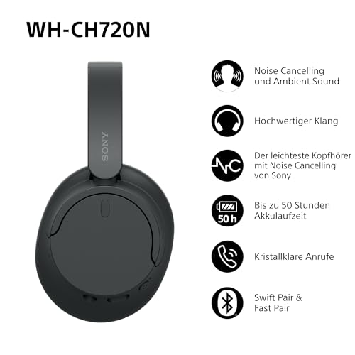 Sony WH-CH720N Kabelloser Bluetooth-Kopfhörer mit Noise Cancelling - bis zu 35 Stunden Akkulaufzeit und Schnellladefunktion - Schwarz