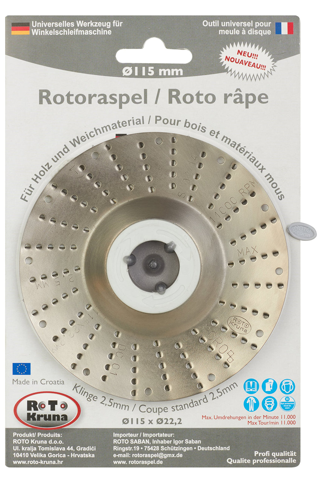 Rotoraspel Ø 115 mm (Klinge 2,5; Grob) Schleifscheibe 115x22mm für Holz,Kunststoff,Gummi